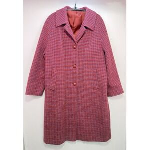 Vintage Harris Tweed Wool Coat Womens XL Red Purple Handwoven Scotland Long
